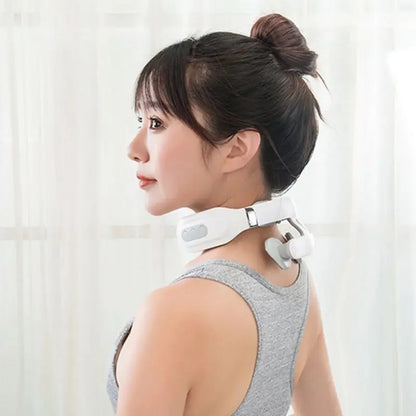 4-head Cervical Massager Strength Adjustment USB Charging Intelligent Voice Heating Neck Massager Neck Care WhiteColor@@white